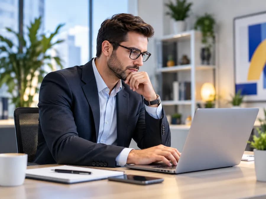 A man thinking at his laptop in an office