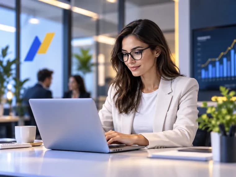 A woman working on a laptop in a modern office